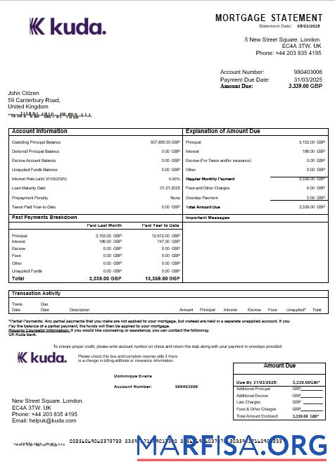Realistic United Kingdom Kuda bank mortgage statement in Word and PDF formats real example